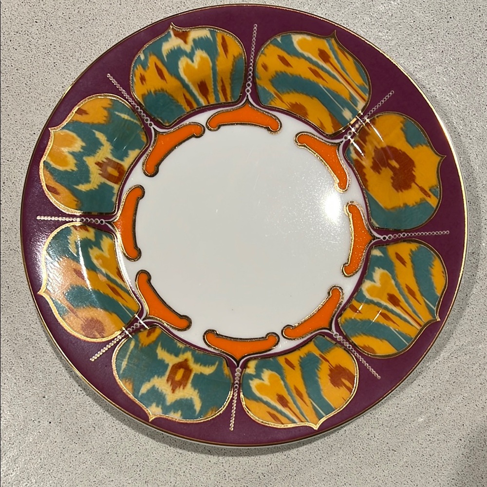 Anthropologie Purple and Orange Dessert plate with Elegant Floral Design